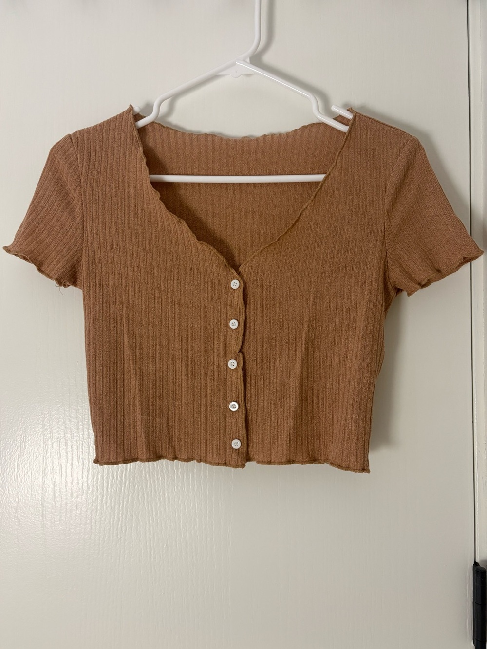SHEIN Ribbed Button-Up Brown Crop Top